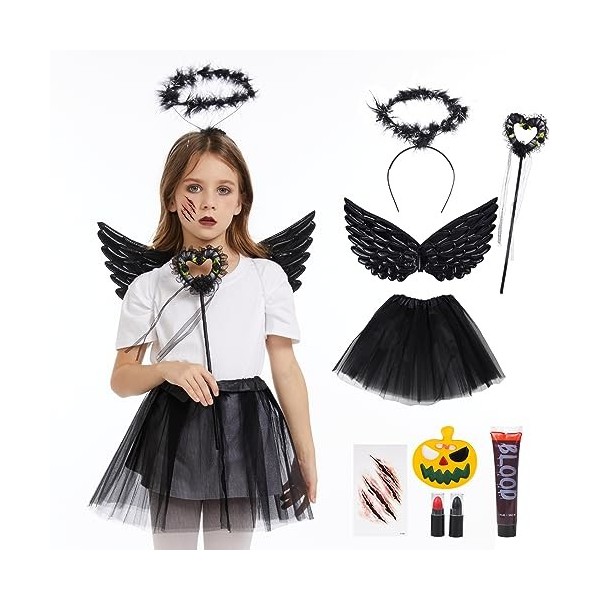 Herefun Maléfique Costume Femme, 9pcs Sorcière Maléfique Déguisements Halloween pour Filles, Cornes Reine Jupe Tutu Ailes de 