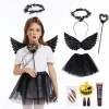 Herefun Maléfique Costume Femme, 9pcs Sorcière Maléfique Déguisements Halloween pour Filles, Cornes Reine Jupe Tutu Ailes de 