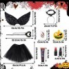 Herefun Maléfique Costume Femme, 9pcs Sorcière Maléfique Déguisements Halloween pour Filles, Cornes Reine Jupe Tutu Ailes de 