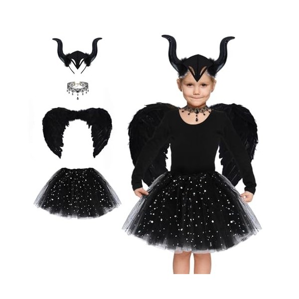 Ulikey Deguisement Sorciere Fille Halloween pour Enfant, 4Pcs Déguisement de Reine Maléfique avec Bandeau de Cornes Reine Mal