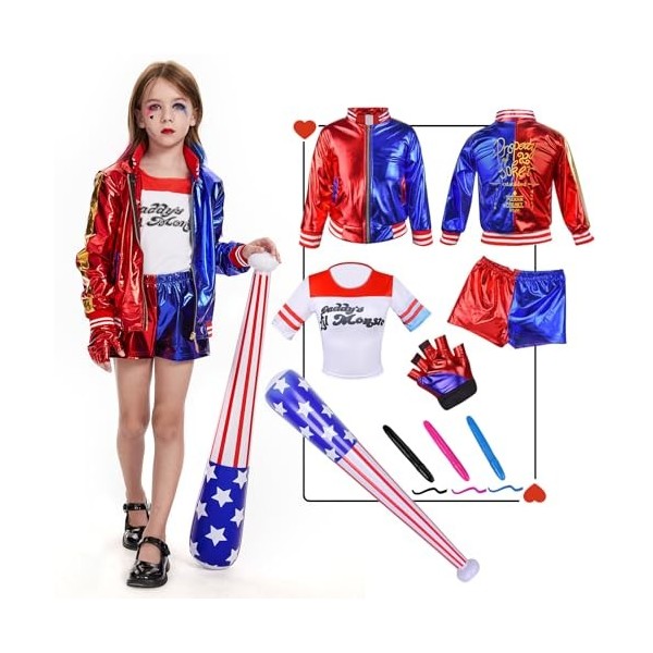 Hereneer Enfants Déguisement Quinn Costume, 6 pcs Enfants Harlequin Outfit, Cosplay Harley Quinn Costume Enfants con Short, M