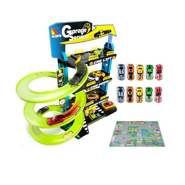 MOLTO Parking pour Enfants Molto 4 étages + 10 Voitures + Tapis de Jeu