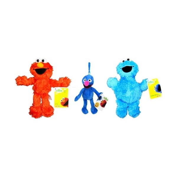 Sesame Street – Lot de 3 peluches super douces de qualité Elmo, monstre biscuit et clip Grover de 18 cm
