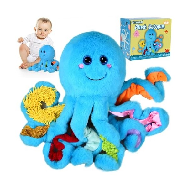 Omuyasi Peluche Pieuvre Jouet Bebe 1 an, Kawaii Montessori Sensoriel Jouet Enfant 1 2 3 Ans avec 8 Tentacules Texturés, Cadea