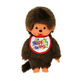 Sekiguchi 242191 – Peluche Originale Monchhichi Garçon avec Bavoir Happy Birthday, env. 20 cm en Peluche Marron