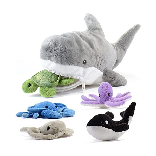 PREXTEX Set de Peluches Requin en Peluche de 15 Pouces / 38 Centimètres avec 5 Animaux Marins en Peluche Qui Incluent Une Pie