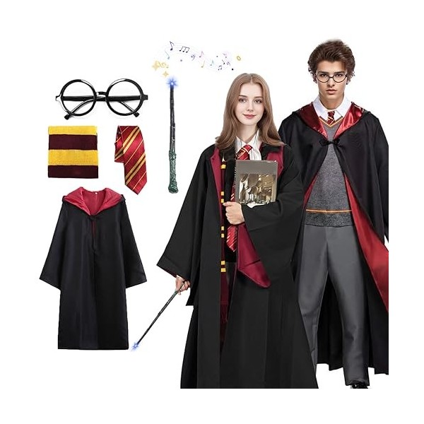 Amycute Costume de Magicien, Déguisement Adulte Enfant avec Cravate, Lunettes Noires Rondes, Écharpe et Baguette, Kit Robe So