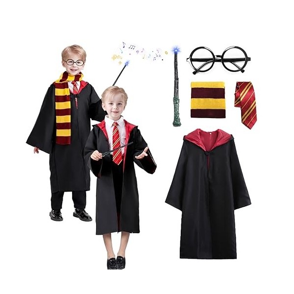 Amycute Costume de Magicien, Déguisement Adulte Enfant avec Cravate, Lunettes Noires Rondes, Écharpe et Baguette, Kit Robe So