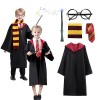 Amycute Costume de Magicien, Déguisement Adulte Enfant avec Cravate, Lunettes Noires Rondes, Écharpe et Baguette, Kit Robe So