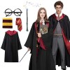 Amycute Costume de Magicien, Déguisement Adulte Enfant avec Cravate, Lunettes Noires Rondes, Écharpe et Baguette, Kit Robe So