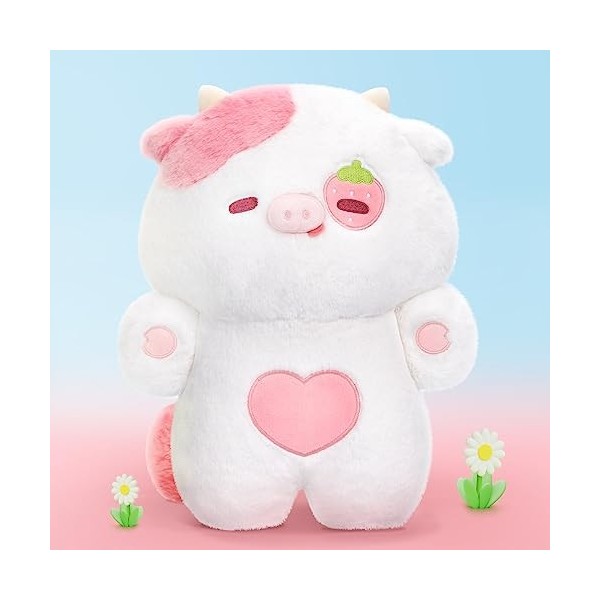 Mewaii Peluche Kawaii 45 CM Vache aux Fraises en Peluche, Coussin Cute Animaux en Peluche Oreiller en Peluche de Câlin Doux C