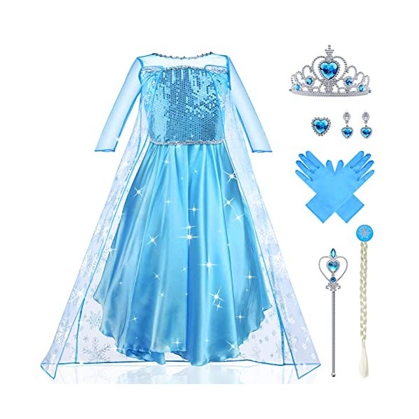 URAQT Robe Elsa Enfant de Princesse, Costume Princesse avec Accessoires de Baguette Magique Princesse Couronne, Déguisement d