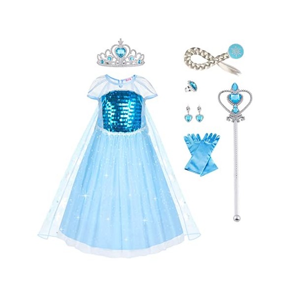 URAQT Robe Elsa Enfant de Princesse, Costume Princesse avec Accessoires de Baguette Magique Princesse Couronne, Déguisement d