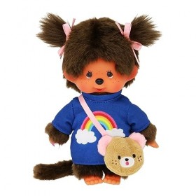 Sekiguchi 233724-Monchhichi Original Fille, T-Shirt Arc-en-Ciel avec Sac et Rubans, Animal en Peluche Brun denviron 20 cm, 2