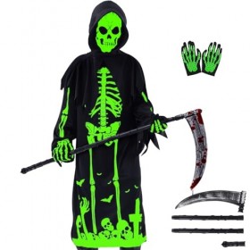 FORMIZON Costume de Faucheuse pour Enfants, Costume Squelette Fluorescent, Glow in the Dark Déguisement Faucheuse avec Masque