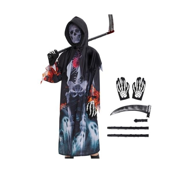 FORMIZON Costume de Faucheuse pour Enfants, Costume Squelette Fluorescent, Glow in the Dark Déguisement Faucheuse avec Masque