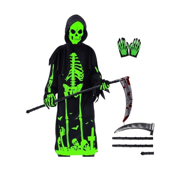 FORMIZON Costume de Faucheuse pour Enfants, Costume Squelette Fluorescent, Glow in the Dark Déguisement Faucheuse avec Masque