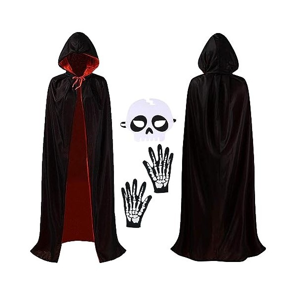 GEEKEO Cape Halloween Enfant Cape de Vampire e Gants Squelette, Garçon Fille Cape à Capuche, Noire Rouge Cape de Vampire Réve