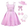 Cimefi Fille Princesse Rose Robe Enfant Plaid Fancy Dress Up Halloween Tenue avec Accessoires