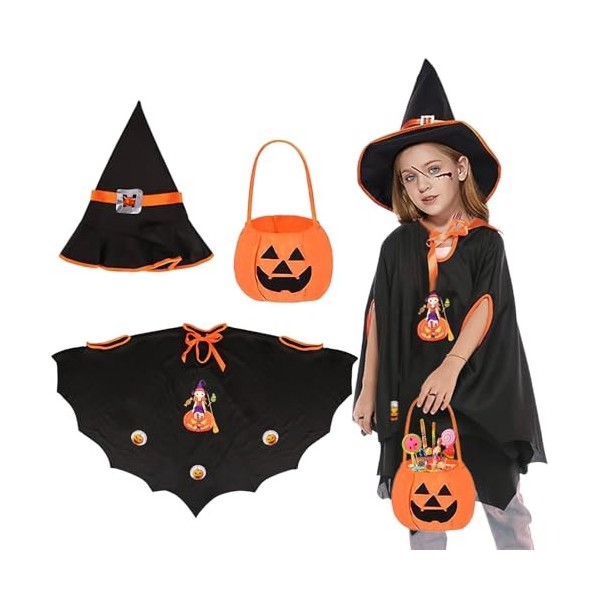 NHYDZSZ Citrouille Cape Halloween Deguisement, Cape de Sorcière DHalloween pour Enfants, Cape du Magiien Dhalloween avec Ch