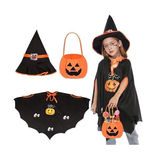 NHYDZSZ Citrouille Cape Halloween Deguisement, Cape de Sorcière DHalloween pour Enfants, Cape du Magiien Dhalloween avec Ch