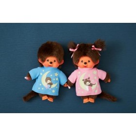 Sekiguchi 223725-Garçon Original Monchhichi, en Peluche Marron, avec Chemise de Nuit Bleue et éléments phosphorescents, Haute