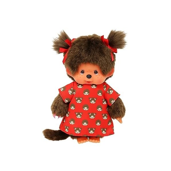 Sekiguchi 221295-Original Mädchen, Figurine Robe Monchichi et nœuds, Animal en Peluche Brun denviron 20 cm, 221295