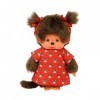 Sekiguchi 221295-Original Mädchen, Figurine Robe Monchichi et nœuds, Animal en Peluche Brun denviron 20 cm, 221295