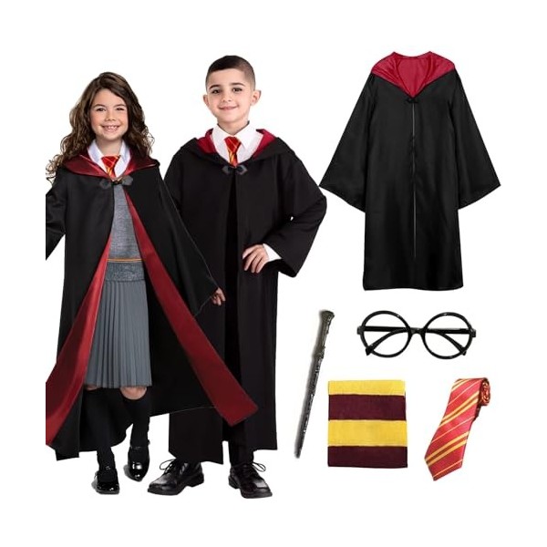 Costume Magicien pour Enfant 8-10 ans Deguisement Sorcier avec Kit Accessoires Déguisement Cape Sorcier Enfant pour Halloween