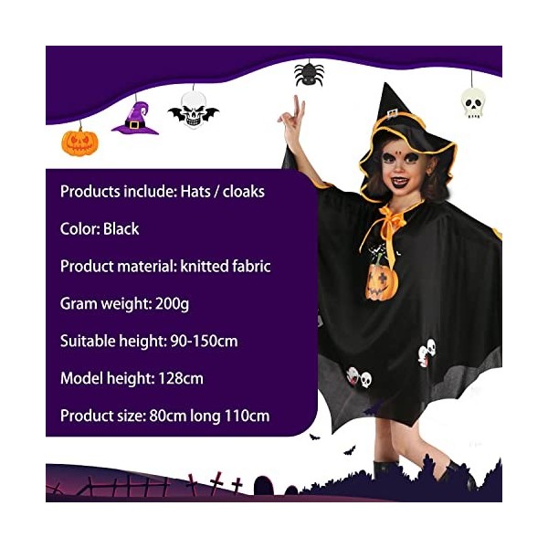 PATRICHOR Deguisement Halloween Enfant, Costume Halloween pour Enfant Déguisement Sorcière Fille Garçon, Cape Noire Halloween