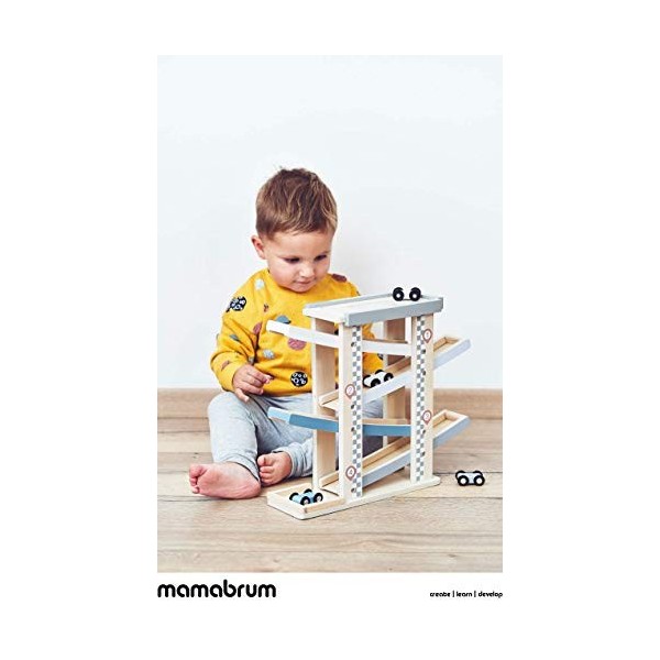 mamabrum Circuit de Course de Voitures 39 X 30 X 19 cm - Toboggan en Bois 3 Niveaux avec Parking + 4 Voitures Incluses 39 * 3