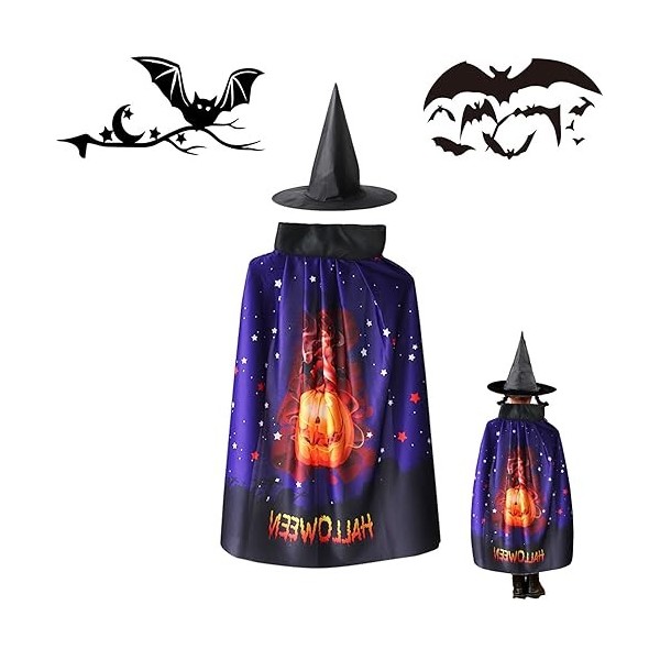 WJOWWL Cape du magicien dHalloween, Cape de sorcier pour enfants, Cape et chapeau de sorcière, Costume de cosplay, Manteau d