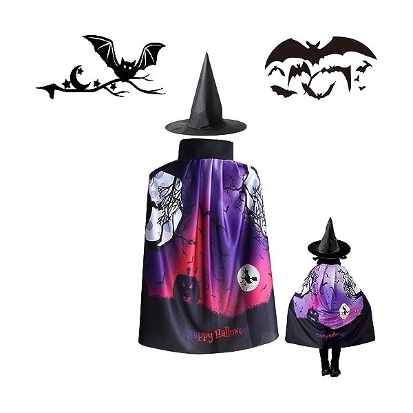 WJOWWL Cape du magicien dHalloween, Cape de sorcier pour enfants, Cape et chapeau de sorcière, Costume de cosplay, Manteau d