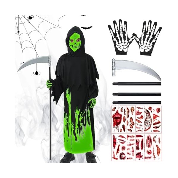 LGZIN Halloween Faucheuse Costume, Déguisement Faucheuse avec Cagoule Squelette, Gants Squelette, Faucille et Scars Tatouages