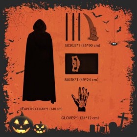 Costume de Faucheuse,Costume Halloween,Déguisement faucheur Halloween,Cape à Capuchon Noire,avec Halloween Faucille Masque de