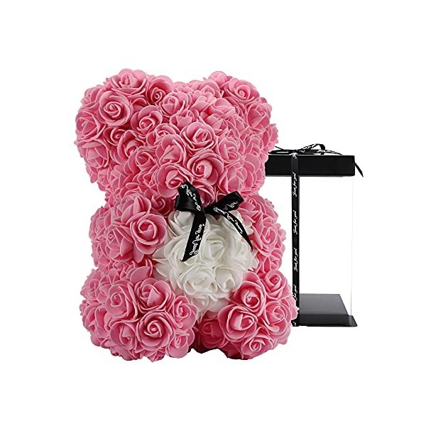 Ours en rose – Ours en peluche Hugz – Plus de 250 douzaines de fleurs artificielles – Cadeau unique, cadeau pour femme – Boît