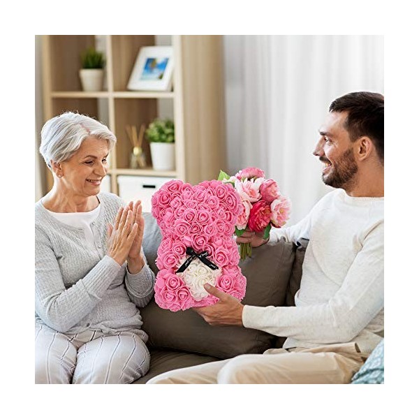 Ours en rose – Ours en peluche Hugz – Plus de 250 douzaines de fleurs artificielles – Cadeau unique, cadeau pour femme – Boît