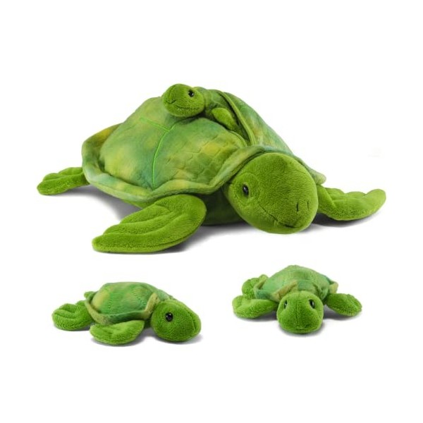 PREXTEX Set de Peluches Tortue en Peluche avec Poche de Rangement à Fermeture Éclair et 3 Petits Bébés Tortues en Peluche Set