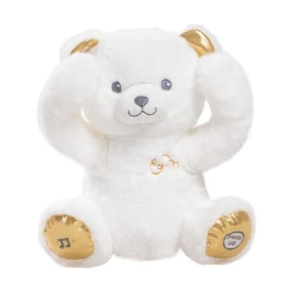 Pioupiou et Merveilles - Gaston Coucou Comptine - Blanc/Or à 2 Fonctions - Ourson en Peluche de 25CM - Peluche Musicale pour 