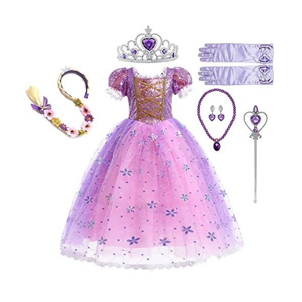 WOOLUCK® Fille Robe de Princesse Raiponce avec 6 Accessoires, Déguisement Princesse fille,Tulle Maxi Costume Carnaval Fille, 