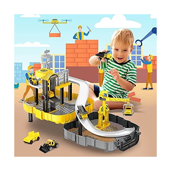 Veluoess Jouets de Garage pour Enfants, Voiture de Garage Jouet avec Camions de Chantier et Mini Hélicoptère Garage de Statio