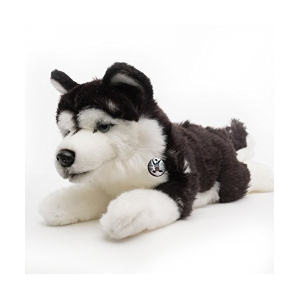 Husky Yukon Chien de traîneau en peluche noir et blanc couché 29 cm