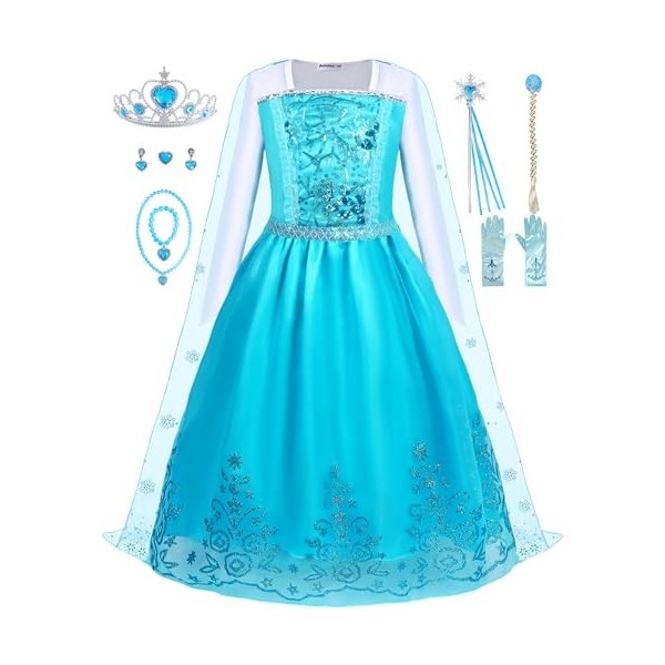 Aoiviss Elsa Princesse Costume Fille Princesse Elsa Déguisement Princesse Robe d’Halloween Carnaval Cosplay Anniversaire Fête