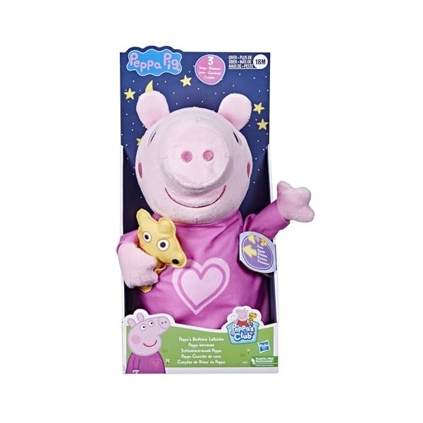 Peppa Pig Peppas Bedtime Lullabies Poupée chantante en Peluche avec Accessoire Ours en Peluche, 3 chansons, 3 Phrases, à par