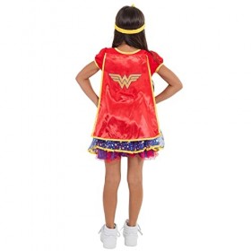 DC Comics Robe Wonder Woman avec Jupe en Tutu avec Etoiles avec Diadème et Manteau - Costume de Carnival Enfant - Fille - Rou