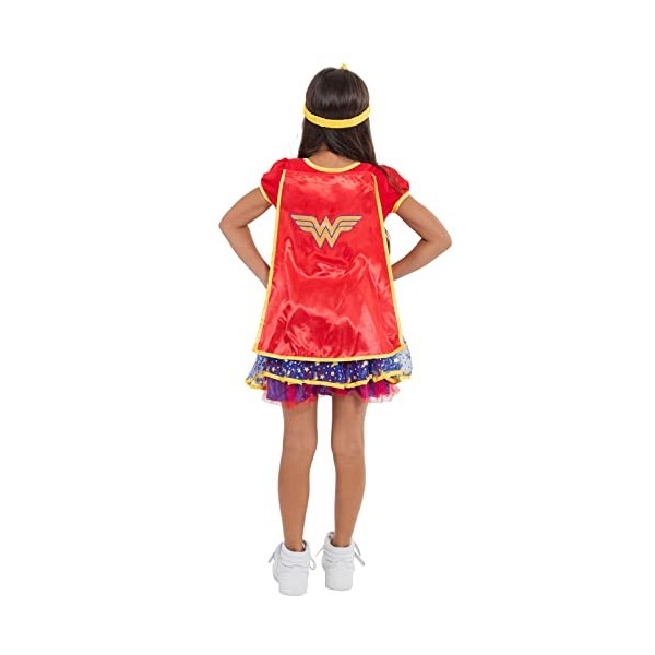 DC Comics Robe Wonder Woman avec Jupe en Tutu avec Etoiles avec Diadème et Manteau - Costume de Carnival Enfant - Fille - Rou