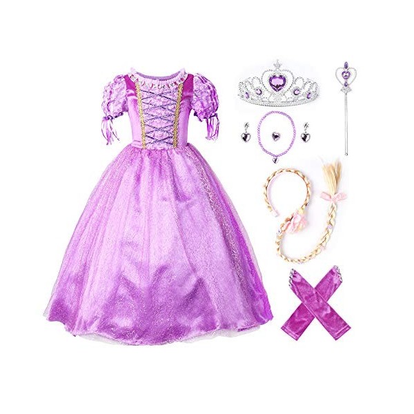 JerrisApparel Princesse Raiponce Costume Robe de fête Robe de Fille 120cm, Violet avec Accessoires 