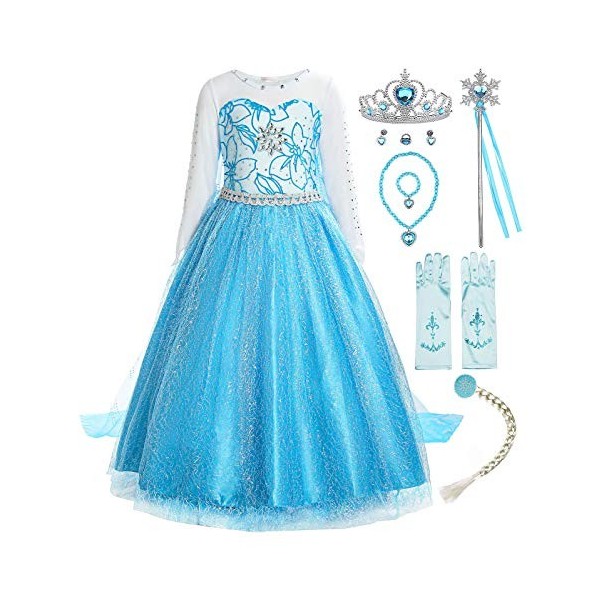 ReliBeauty Déguisement Princesse Filles Manches Longues Robe Costume Avec Accessoires Bleu，110 4-5 Ans 