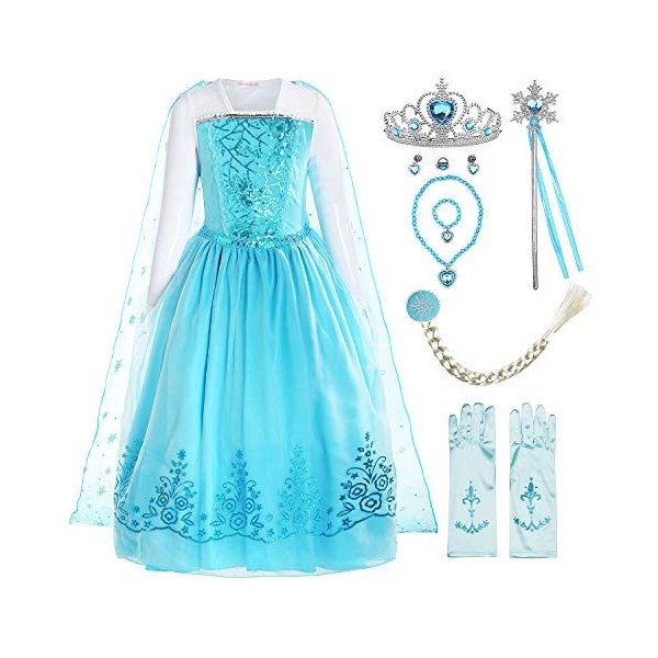 ReliBeauty Déguisement Princesse Filles Manches Longues Robe Costume Avec Accessoires Bleu，110 4-5 Ans 