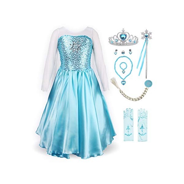 ReliBeauty Déguisement Princesse Filles Manches Longues Robe Costume Avec Accessoires Bleu，110 4-5 Ans 